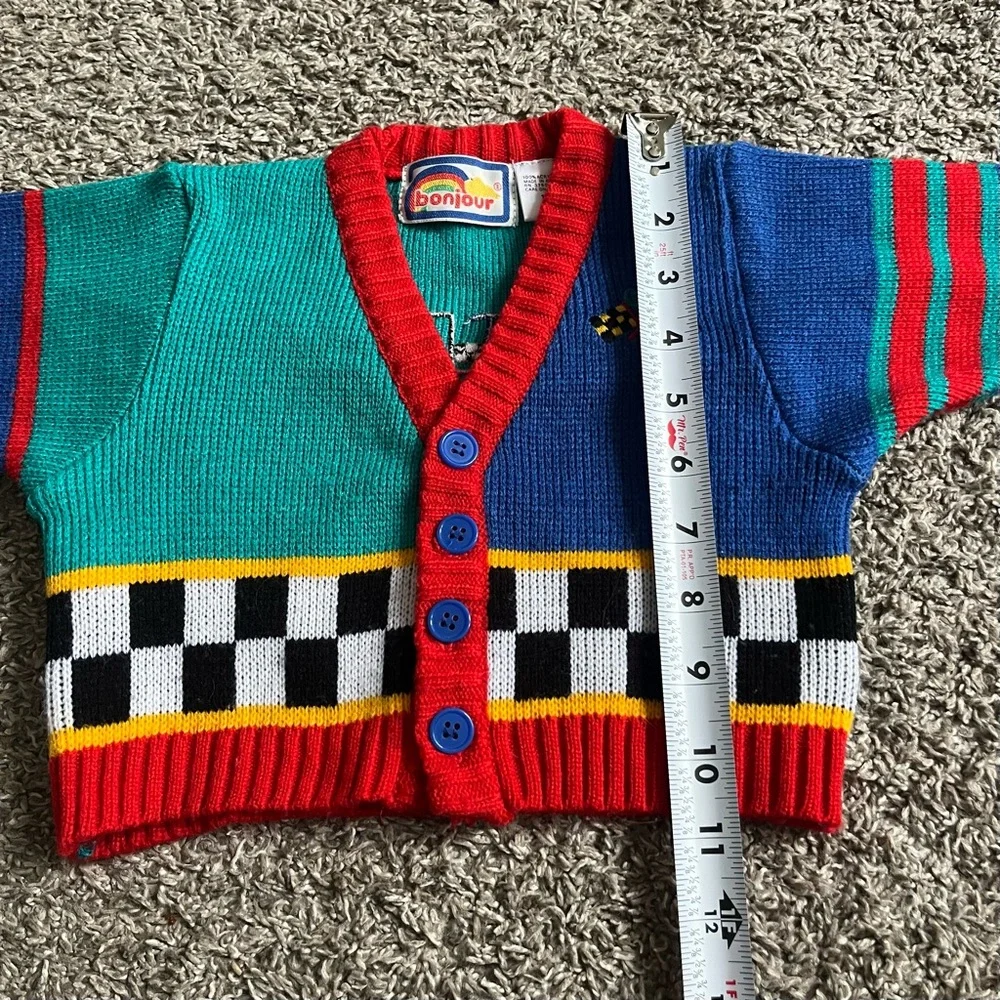 Vintage Baby Toddler Vibrant Racecar Knit Cardigan Sweater Colorful 12 Months - Picture 6 of 6